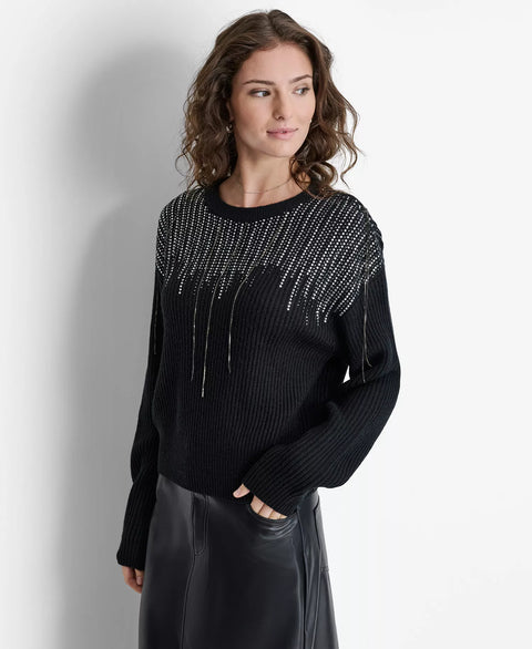 DKNY Women's Black Embellished-Fringe Rib-Knit Sweater | DKNY In Lebanon