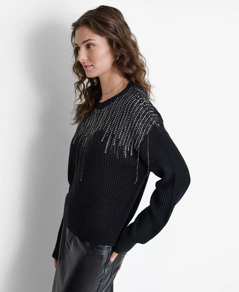 DKNY Women's Black Embellished-Fringe Rib-Knit Sweater | DKNY In Lebanon