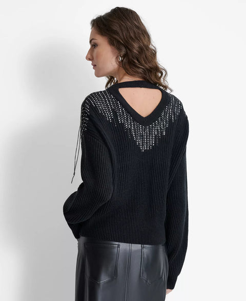 DKNY Women's Black Embellished-Fringe Rib-Knit Sweater | DKNY In Lebanon