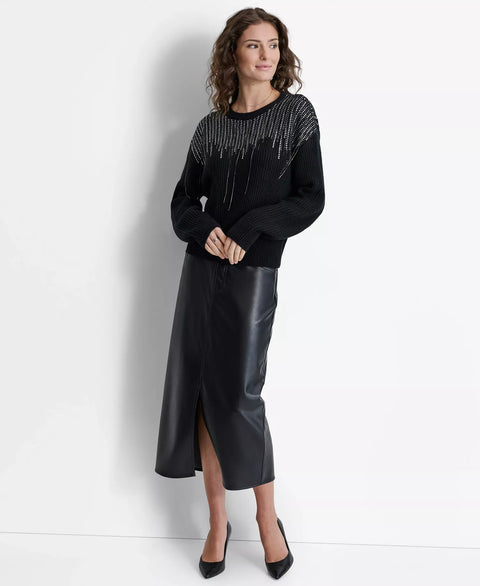 DKNY Women's Black Embellished-Fringe Rib-Knit Sweater | DKNY In Lebanon
