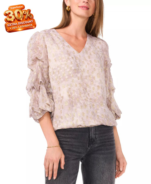 Vince Camuto Women's Beige & Gold Printed V-Neck Lantern-Sleeve Blouse | Vince Camuto In Lebanon