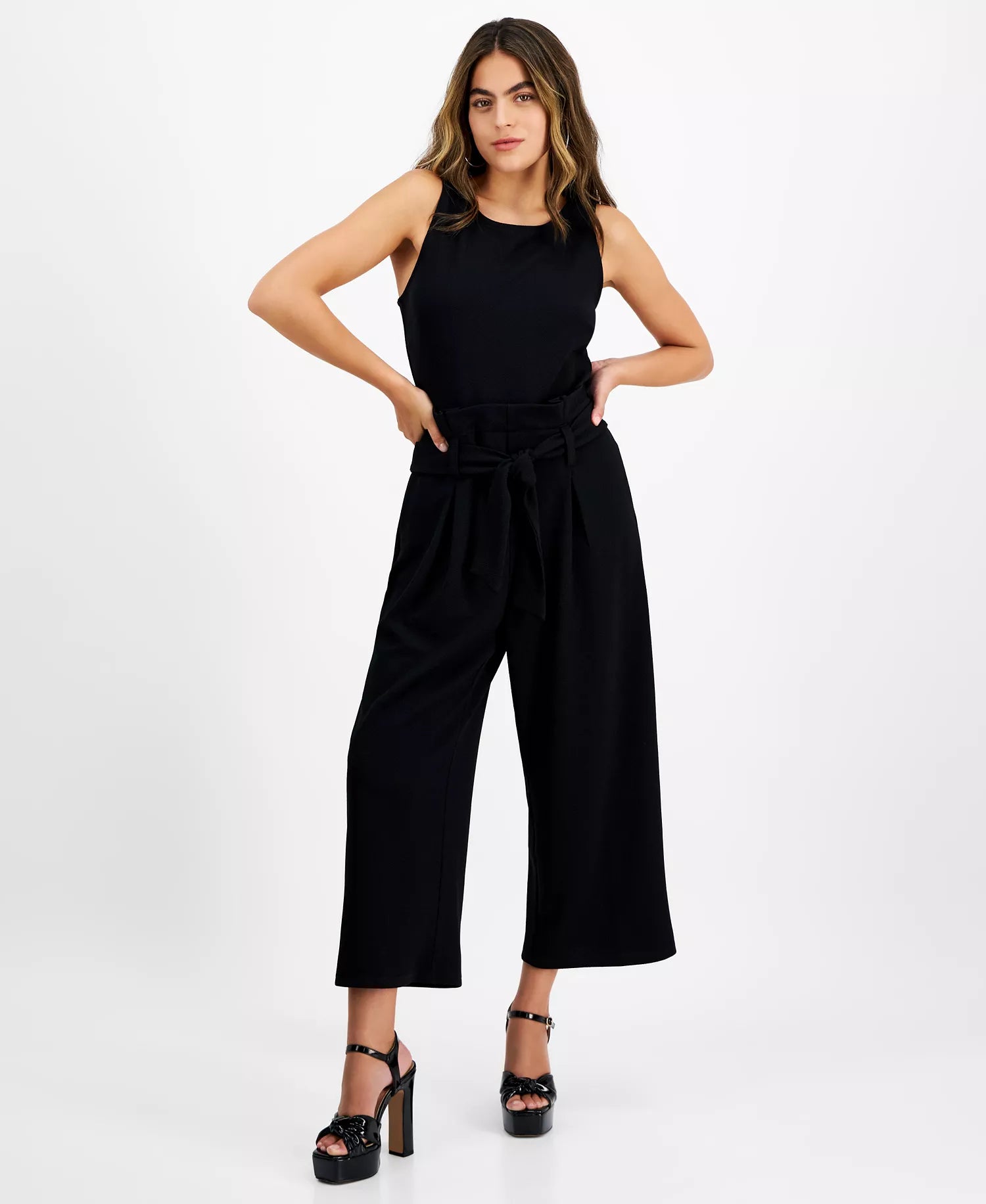 Bar III Women's Black Sleeveless Crewneck Tie-Waist Jumpsuit| Bar III In Lebanon