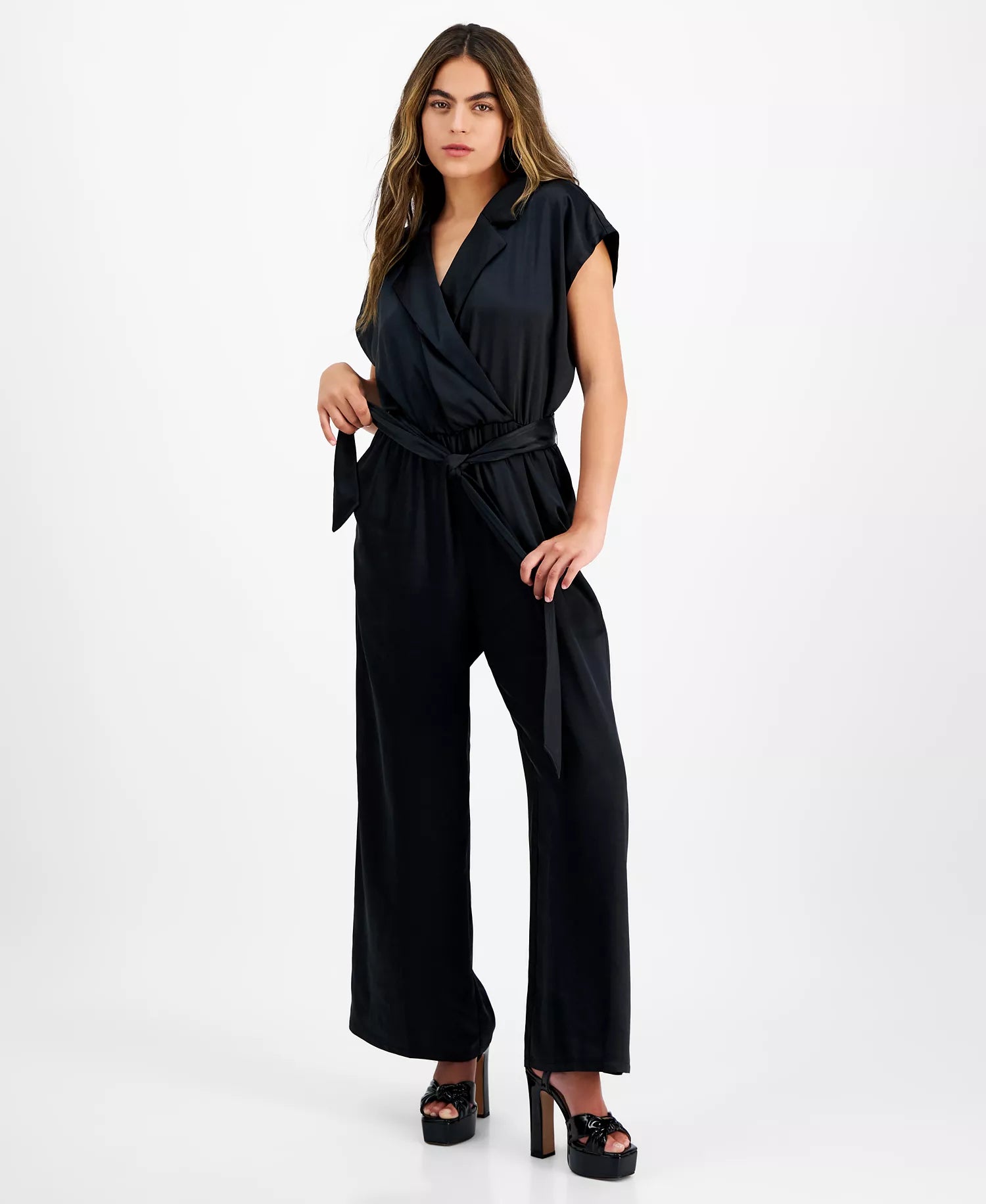 Bar III Women's Black Petite Crossover-Front Belted Cap-Sleeve Jumpsuit | Bar III In Lebanon