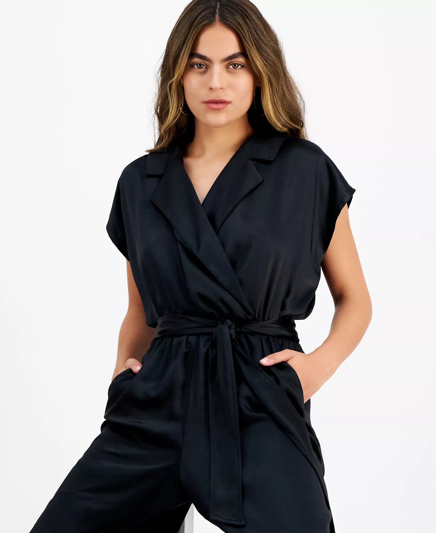 Bar III Women's Black Petite Crossover-Front Belted Cap-Sleeve Jumpsuit | Bar III In Lebanon