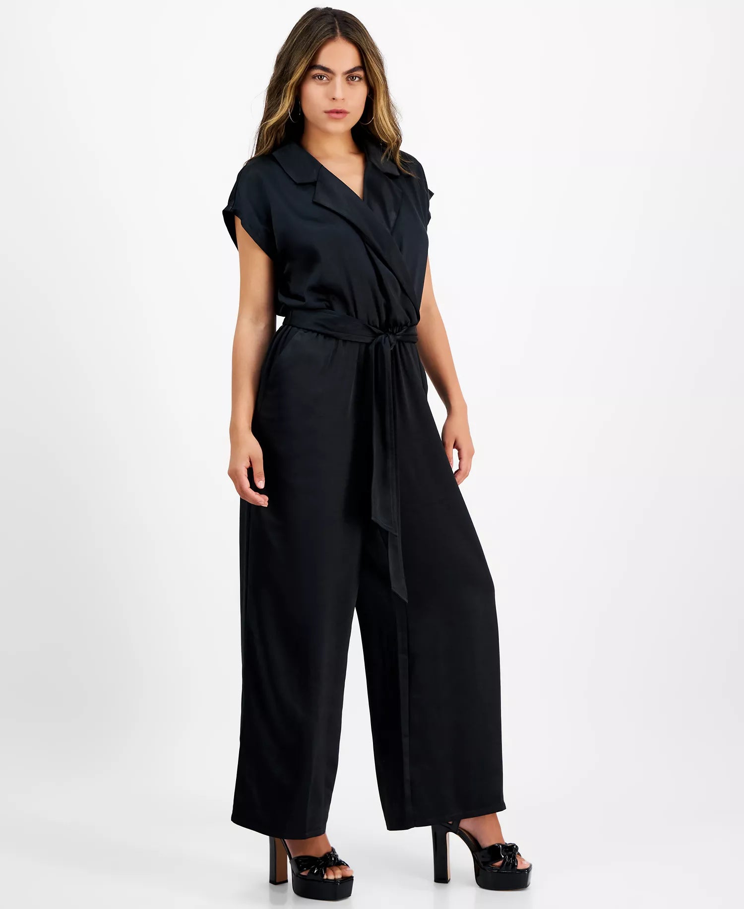 Bar III Women's Black Petite Crossover-Front Belted Cap-Sleeve Jumpsuit | Bar III In Lebanon
