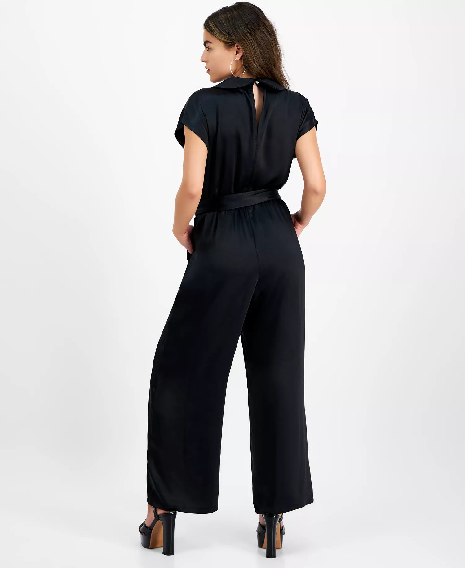 Bar III Women's Black Petite Crossover-Front Belted Cap-Sleeve Jumpsuit | Bar III In Lebanon
