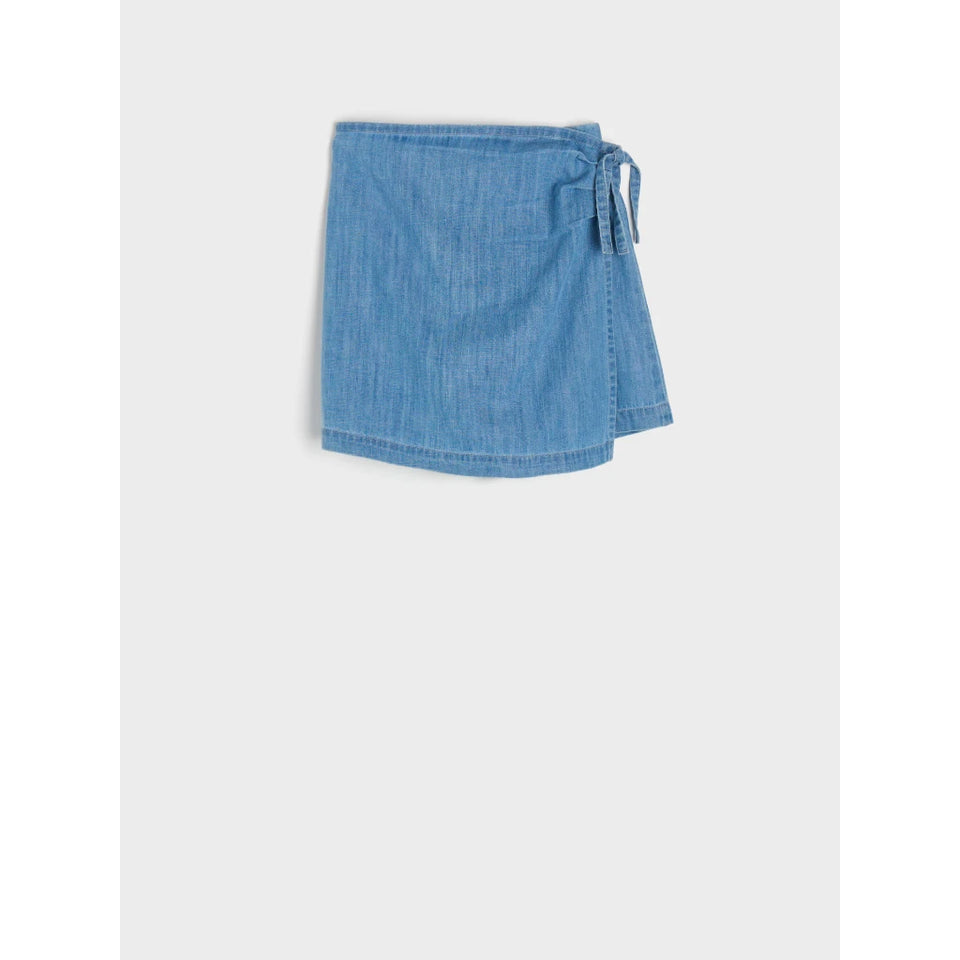 Light blue denim wrap skirt with a tie detail on the side, shown flat against a light gray background.