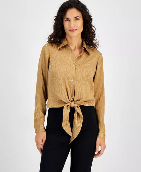 Michael Kors Women's Dark Camel Long-Sleeve Tie-Hem Shirt | Michael Kors In Lebanon