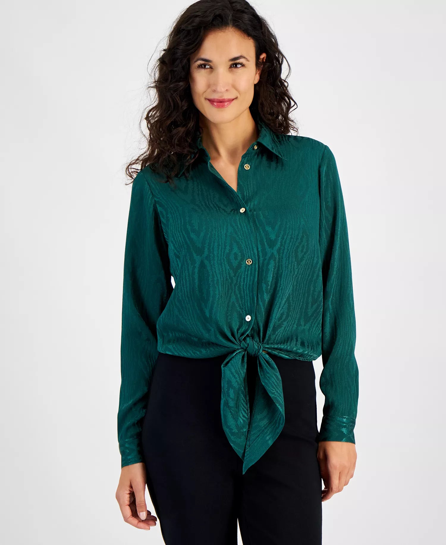Michael Kors Women's Dark Green Long Sleeve Tie-Hem Shirt | Michael Kors In Lebanon