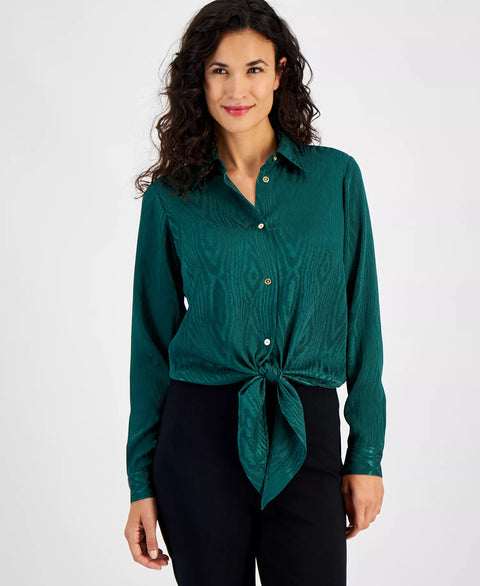 Michael Kors Women's Dark Green Long Sleeve Tie-Hem Shirt | Michael Kors In Lebanon