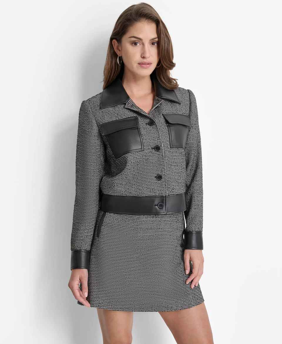 Dkny Women's White & BlackFaux-Leather Trim Houndstooth Skirt Set | Dkny in Lebanon