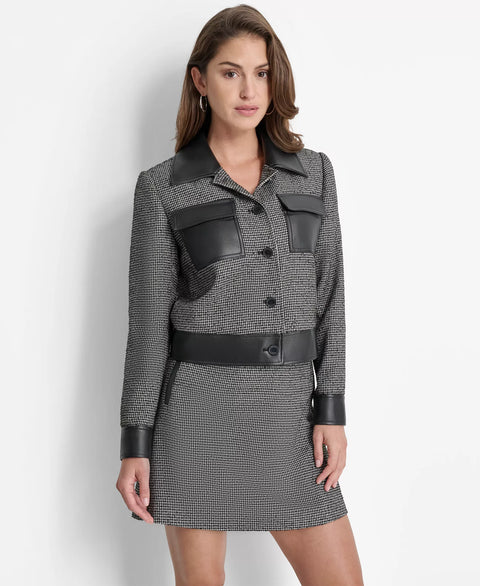 Dkny Women's White & Black  Faux-Leather Trim Houndstooth Skirt Set | Dkny in Lebanon