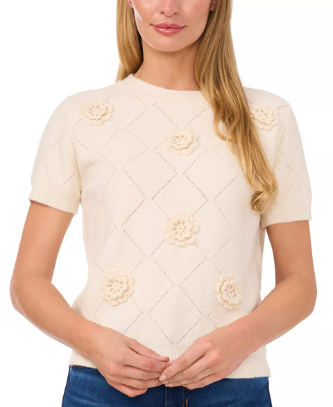 Cece Women's Off White Pointelle 3D-Knit Short-Sleeve Sweater | Cece In Lebanon