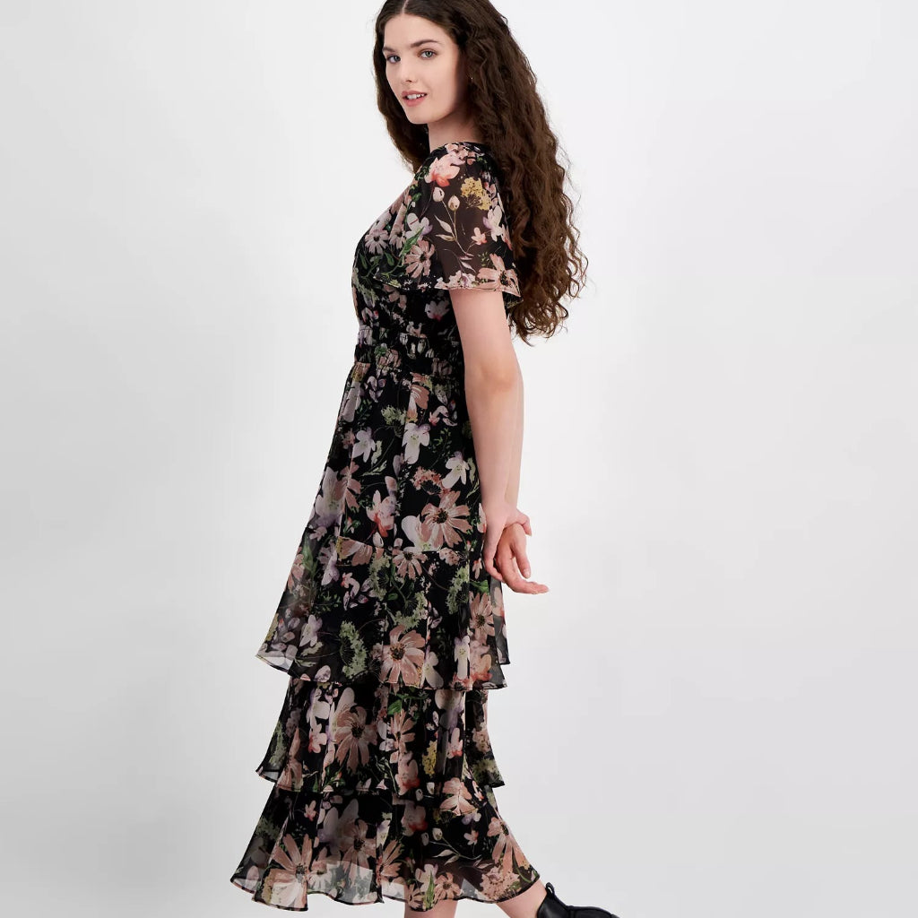 Lucy Paris Women's Black Floral Claire Smocked-Waist Tiered Dress