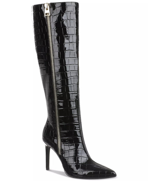 Black crocodile-patterned knee-high boot with a zipper on a white background
