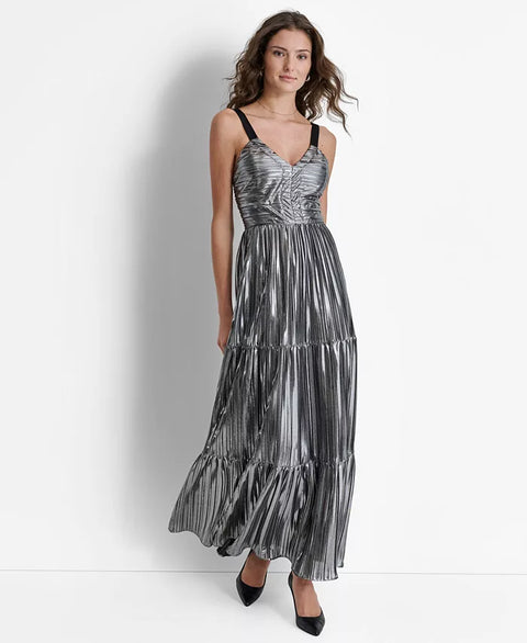 DKNY Women's Silver Foil Plissé V-Neck Sleeveless Maxi Dress | DKNY In Lebanon