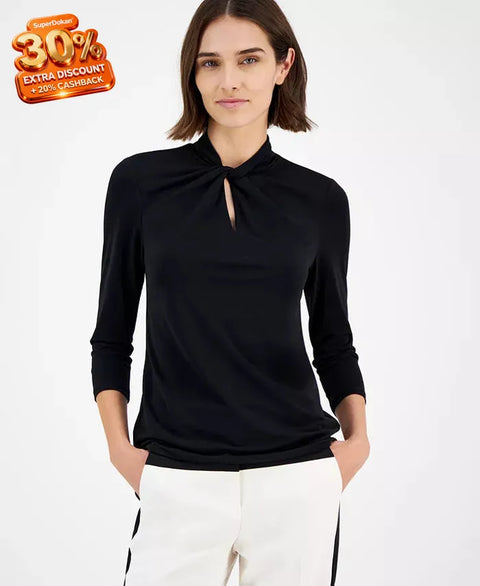 Anne Klein Women's Black Twist-Neck 3/4-Sleeve Moss Crepe Blouse | Anne Klein In Lebanon