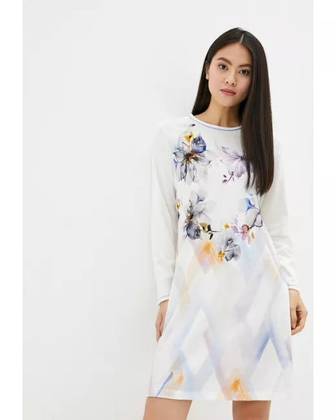 Cybele Women's White Flowered Long-Sleeve Sleep Dress |Cybele in Lebanon