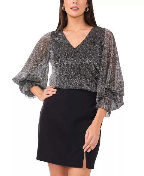 Vince Camuto Women's Silver Metallic V-Neck Sheer-Sleeve Top|Vince Camuto In Lebanon
