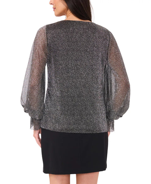 Vince Camuto Women's Silver Metallic V-Neck Sheer-Sleeve Top|Vince Camuto In Lebanon