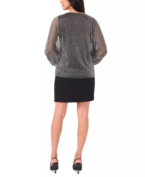 Vince Camuto Women's Silver Metallic V-Neck Sheer-Sleeve Top|Vince Camuto In Lebanon