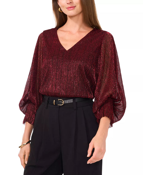 Vince Camuto Women's Red Metallic V-Neck Sheer-Sleeve Blouse | Vince Camuto In Lebanon