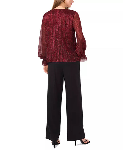 Vince Camuto Women's Red Metallic V-Neck Sheer-Sleeve Blouse | Vince Camuto In Lebanon