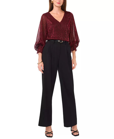 Vince Camuto Women's Red Metallic V-Neck Sheer-Sleeve Blouse | Vince Camuto In Lebanon