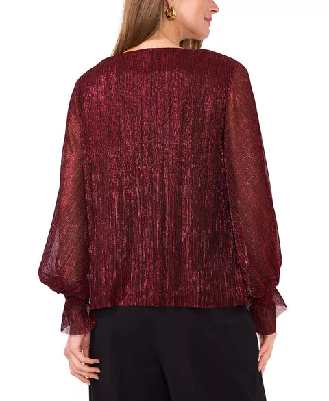 Vince Camuto Women's Red Metallic V-Neck Sheer-Sleeve Blouse | Vince Camuto In Lebanon