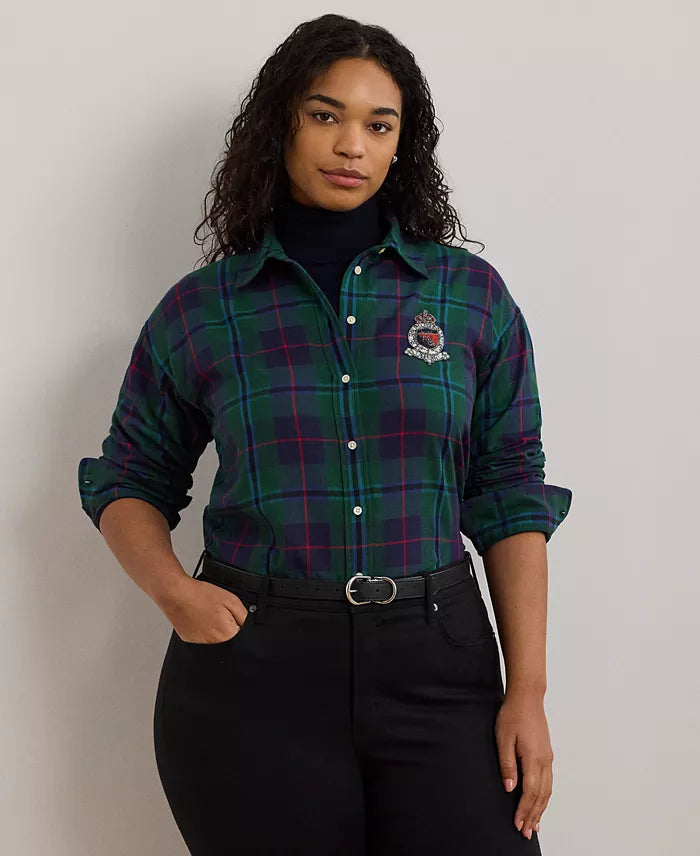 Lauren Ralph Lauren Navy & Green Plus Size Plaid Crest Shirt | Lauren Ralph Lauren In Lebanon