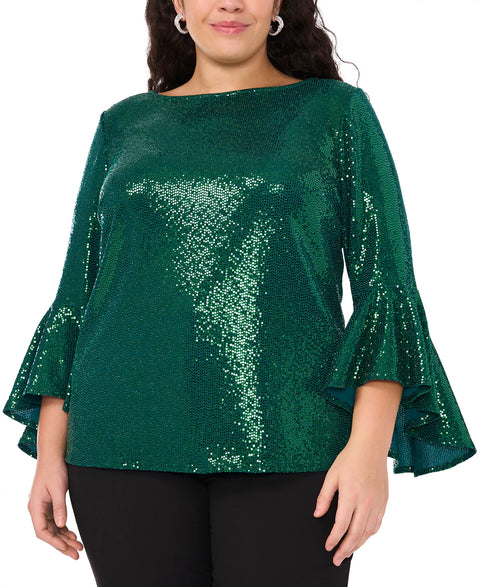 MSK Women's Green Sequinned Bell-Sleeve Boat-Neck Top Blouse | MSK In Lebanon