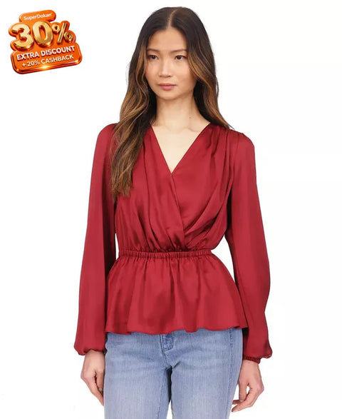 Michael Kors Women's Burgundy Satin Faux-Wrap Peplum Top |Michael Kors In Lebanon
