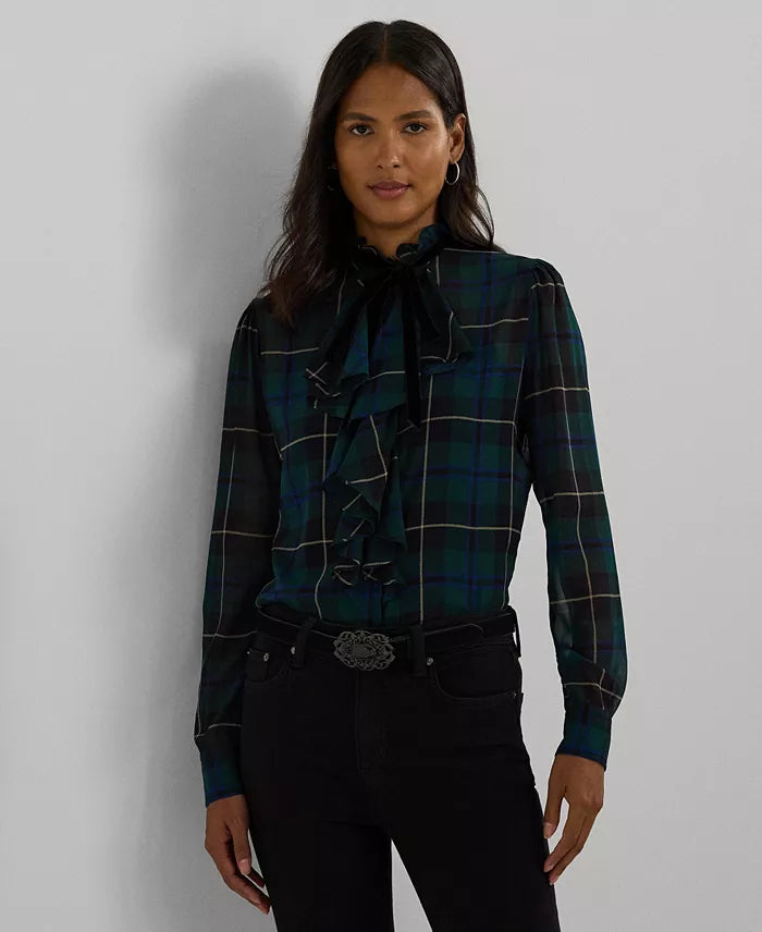 Lauren Ralph Lauren Women's Multicolor Plaid Ruffle-Trim Georgette Shirt | Lauren Ralph Lauren In Lebanon