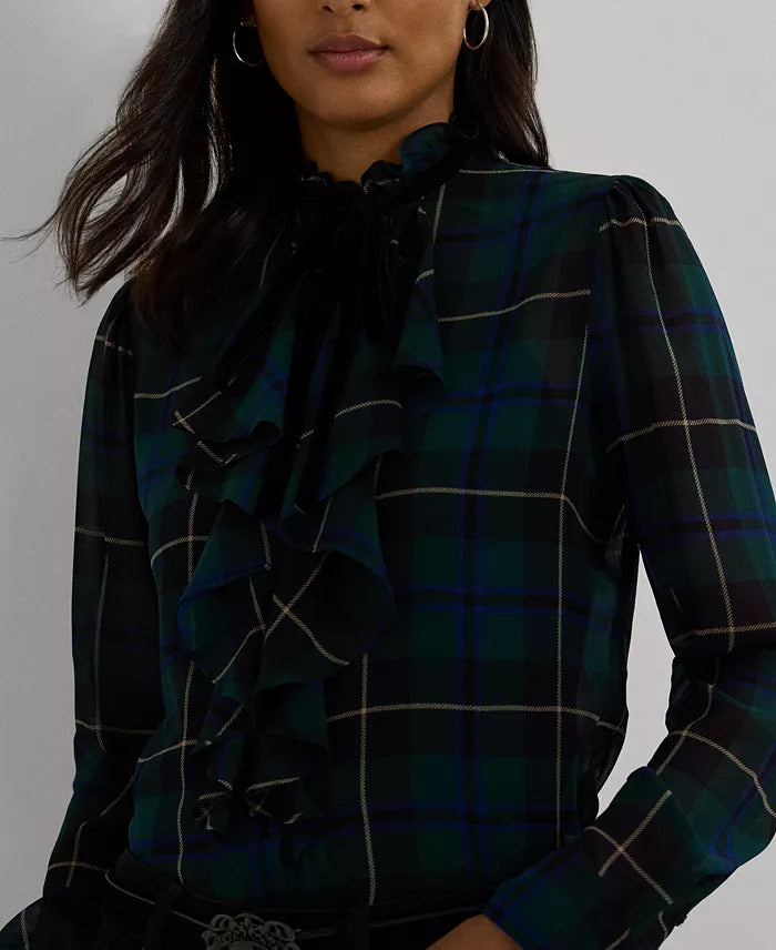 Lauren Ralph Lauren Women's Multicolor Plaid Ruffle-Trim Georgette Shirt | Lauren Ralph Lauren In Lebanon