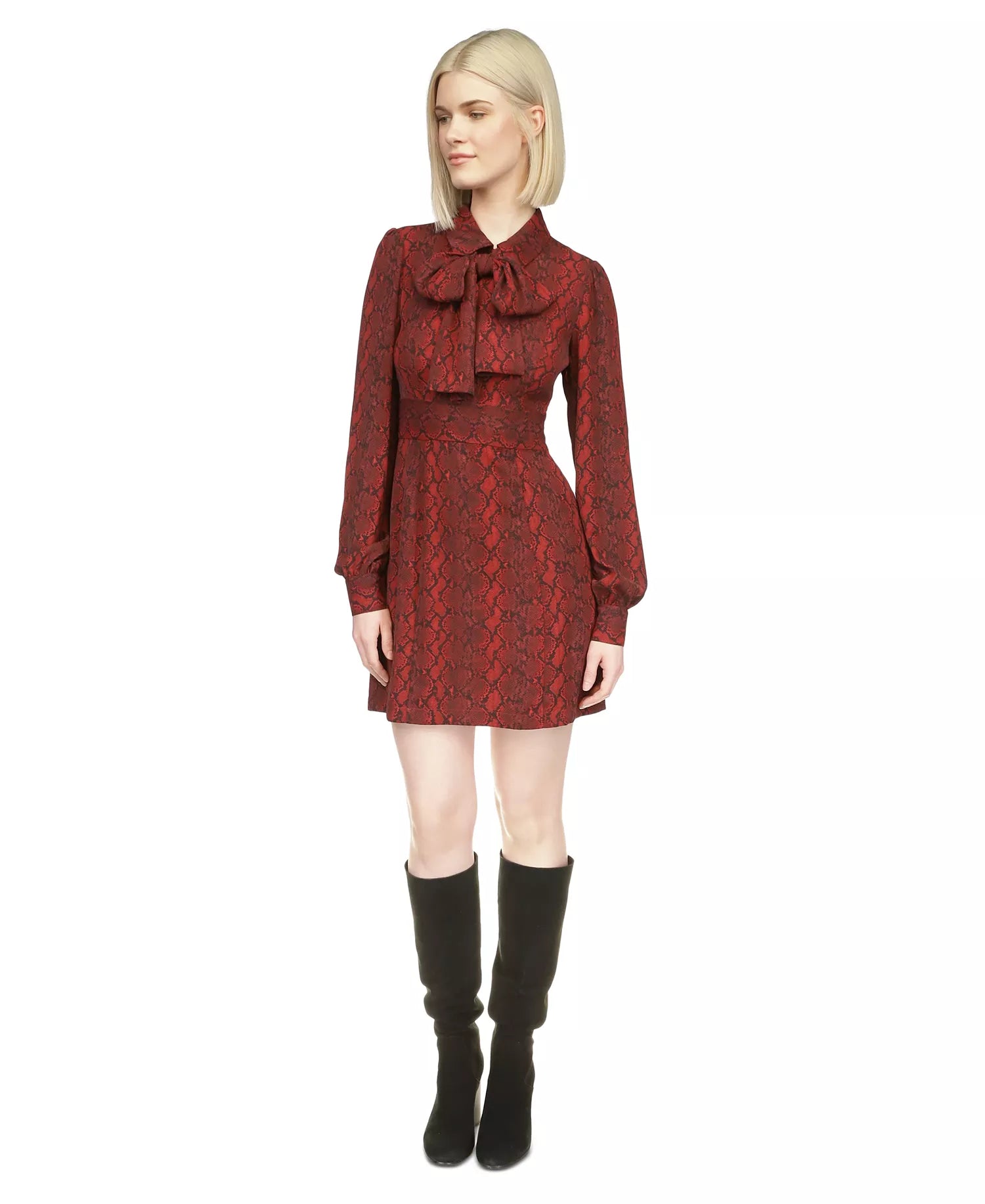Michael Kors Women's Burgundy Animal Printed Tie-Neck Long-Sleeve Dress |Michael Kors In Lebanon