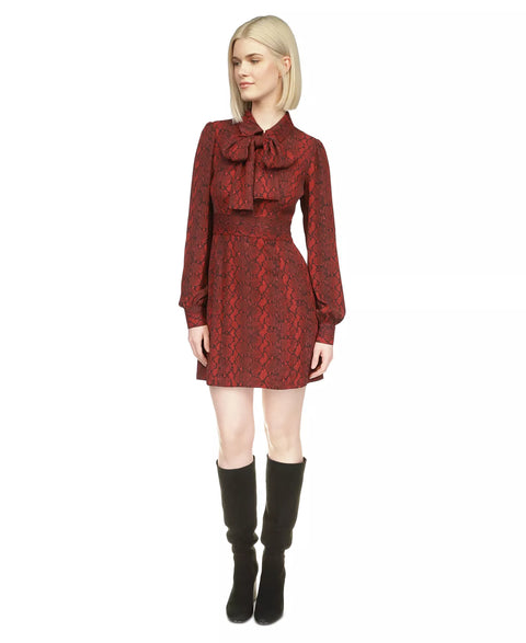 Michael Kors Women's Burgundy Animal Printed Tie-Neck Long-Sleeve Dress |Michael Kors In Lebanon