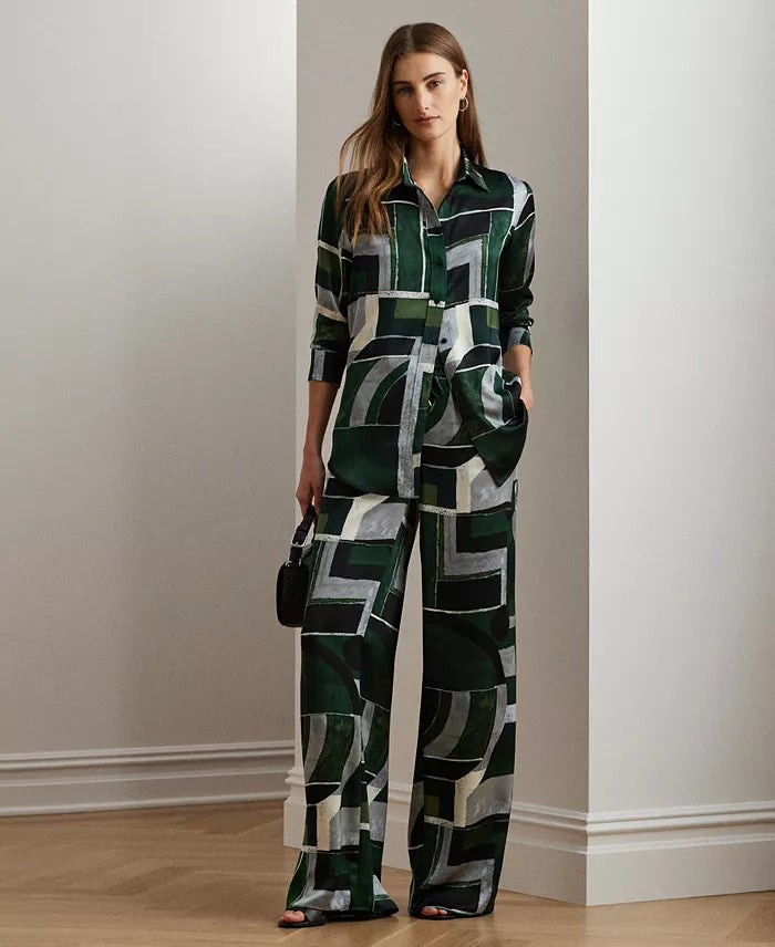 Lauren Ralph Lauren Women's Multicolor Petite Geo-Print Charmeuse Shirt | Lauren Ralph Lauren In Lebanon