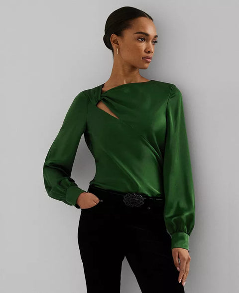 Lauren Ralph Lauren Women's Dark Green Cutout Satin Charmeuse Blouse | Lauren Ralph Lauren In Lebanon