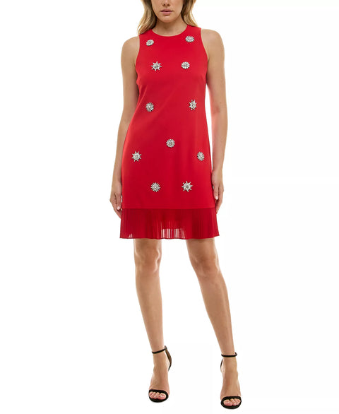Red dress with white floral patterns on a white background