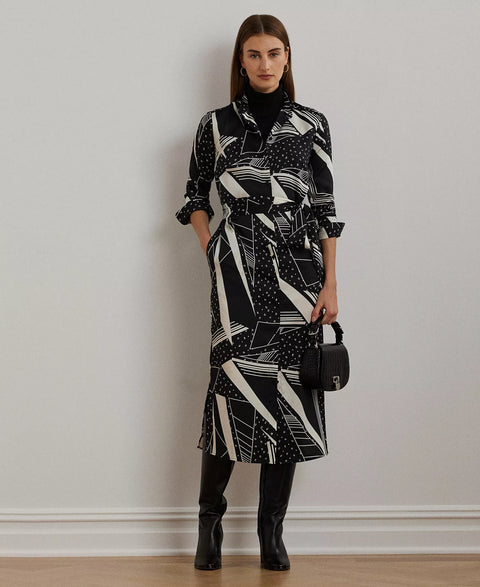 Lauren Ralph Lauren Women's Black Multi Geo-Print Belted Twill Dress | Lauren Ralph Lauren In Lebanon