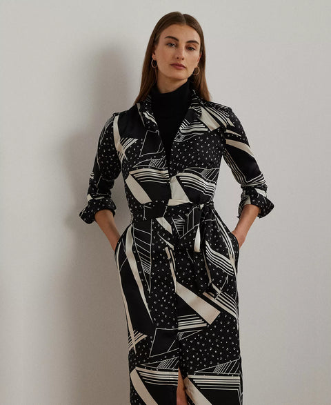 Lauren Ralph Lauren Women's Black Multi Geo-Print Belted Twill Dress | Lauren Ralph Lauren In Lebanon