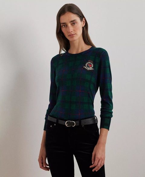Lauren Ralph Lauren Women's Green & Navy Watch Plaid Beaded-Crest Long Sleeve Blouse | Lauren Ralph Lauren In Lebanon