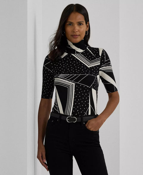 Lauren Ralph Lauren Women's Black Petite Geo-Print Stretch Jersey Turtleneck Blouse | Lauren Ralph Lauren In Lebanon