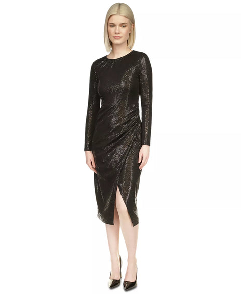 Michael Kors Women's Black Crewneck Long-Sleeve Metallic Midi Dress | Michael Kors In Lebanon