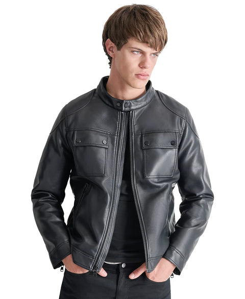 DKNY Men's Black Faux-Leather Removable Hood Moto Jacket | DKNY In Lebanon