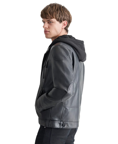 DKNY Men's Black Faux-Leather Removable Hood Moto Jacket | DKNY In Lebanon