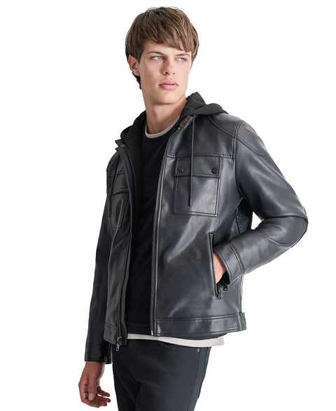 DKNY Men's Black Faux-Leather Removable Hood Moto Jacket | DKNY In Lebanon