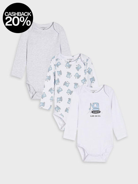 Three baby bodysuits with different patterns on a white background