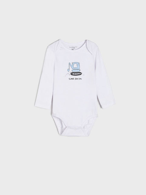 White baby onesie with a graphic design on a white background