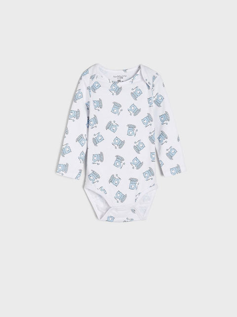 White baby onesie with blue pattern on a white background
